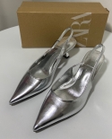 Za New Summer Pointed Toe Stiletto Silver High Heels For Women With Empty Back Slingback Metal Trend Fashion Sandals For