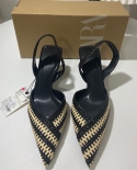 Za New Summer Pointed Toe Stiletto Heel Color-blocked Woven High Heels Women's Shallow Mouth Back Strap French Outer San