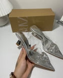 Za New Summer Pointed Toe Stiletto Silver High Heels Women's Baotou Sandals Women's Rhinestone Shallow Mouth French Shoe