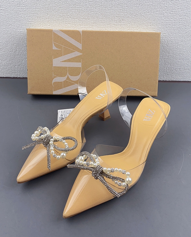 Za New Summer Pointed Toe Stiletto Pumps For Women With Rhinestone Bows And Strappy Sandals For Women