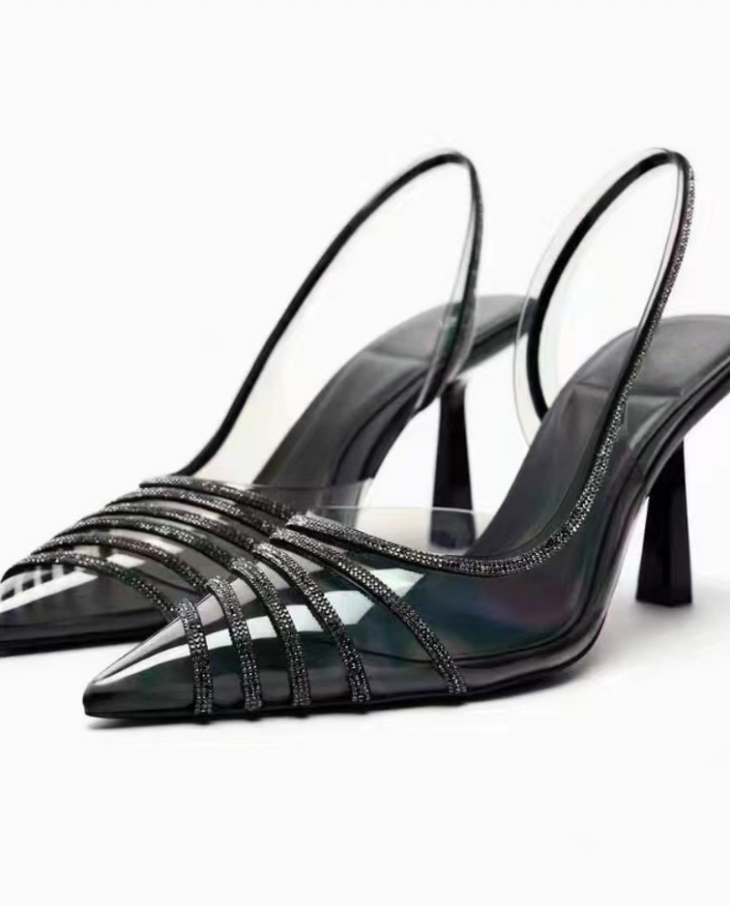 Za New Summer Pointed Toe Stiletto Shallow High Heels Women's Rhinestone Stitching Back Strap Sandals Women's Casual Tre