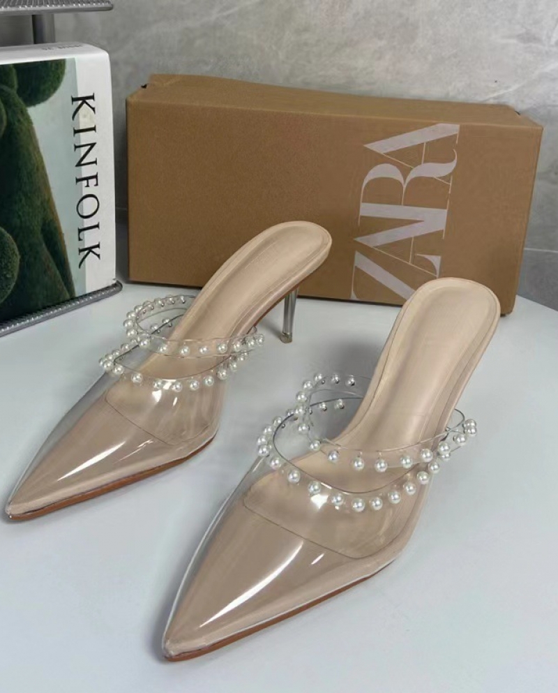 Za New Summer French Women's Shoes With Pearls And Hollow Back Sandals For Women With Pointed Toes And Stiletto Heels Fo