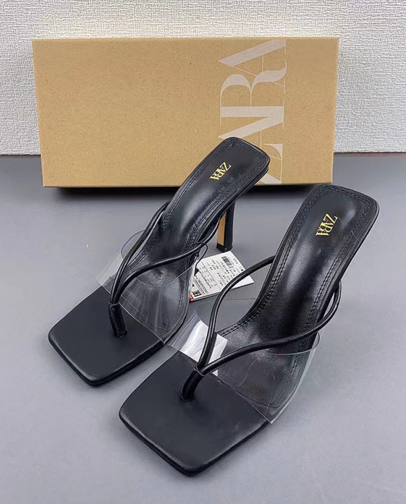 Za New Summer Square Toe Angle Splicing Pvc Transparent Back Empty Slingback Sandals For Women Thong Toe High Heels For 