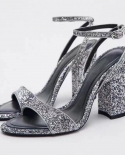 Za New Summer Thick Heel One-strap High-heeled Shoes For Women With Back Strap Sequins Round Toe Open Toe Buckle Strap S