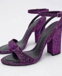 Za New Summer Thick Heel One-strap High-heeled Shoes For Women With Back Strap Sequins Round Toe Open Toe Buckle Strap S