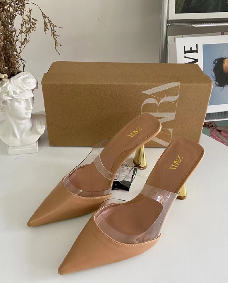 Za New Summer Pointed Toe Stiletto High Heels For Women With Metal Slingback Temperament Transparent Splicing Shallow Sa