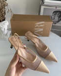 Za New Summer Pointed Toe Stiletto Heel Shallow Mouth Bag Toe Sandals Lace Stitching Mesh High Heels Women's Back Strap