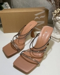 Za New Summer Outer Wear Square Toe Open Toe Sandals For Women With Stiletto Heels Cross-embossed Brick Brightly Decorat