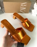 Za New Summer Square Toe Shallow Mouth Thick Heel High Heels Women's One-line Open Toe Back Hollow Metal Sandals Women's