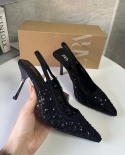 Za Summer New Style Pointed Toe Stiletto Heel Shallow French High Heel Black Sequin Fashion Outer Slingback Sandals For 