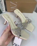 Za New Summer Square Toe High-heeled Fashion Bow Sandals For Women With Rhinestone Open Toes And Empty Back Chain Splici