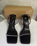 Za New Summer Square Toe One-word High-heeled Shoes With Rhinestones For Women, Thin Straps, Open Toes, Back Strap Buckl