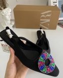 Za New Summer Shallow Mouth Pointed Toe Flat Shoes Women's Rhinestone Back Strap Black Color Diamond Sandals Women's Fas