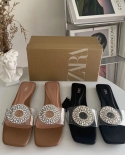 Za New Summer Open-toe Crystal Diamond Buckle Sandals And Slippers, Feminine One-word Transparent Single Shoes With Rhin