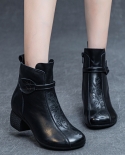 Boots For Women In Autumn And Winter New Style Thick Heel Soft Sole Water-washed Top Layer Soft Cowhide Retro Chinese St