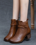 Boots For Women In Autumn And Winter New Style Thick Heel Soft Sole Water-washed Top Layer Soft Cowhide Retro Chinese St
