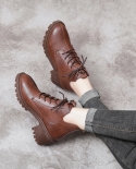 Autumn And Winter New Top Layer Cowhide Women's Short Boots Retro Style Thick Medium Heel Soft Sole Boots Color Polished
