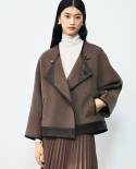 23 Autumn And Winter New Double-sided Wool Splicing Leather Loose Silhouette Bat Raglan Sleeve Brown Coat Short 22097