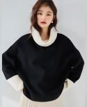 23 New Autumn Splicing Contrasting Color Minimalist Hepburn Style Elegant Temperament Small* Style Short High Collar Woo
