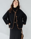 23 Autumn And Winter Wool Contrast Color Double-sided Wool Coat Casual Round Neck Drop Shoulder Short Coat Women 15302