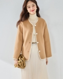 23 Autumn And Winter Wool Contrast Color Double-sided Wool Coat Casual Round Neck Drop Shoulder Short Coat Women 15302