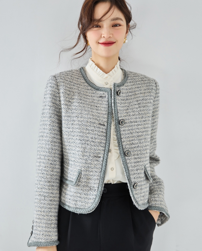 Otoño nuevo cuello redondo versátil abrigo corto ajustado gris pequeño * abrigo corto estilo fragante para mujer 15368