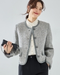 Autumn New Round Neck Versatile Slim Short Coat Gray Small * Fragrant Style Short Coat For Women 15368