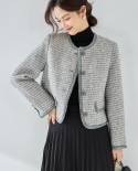 Otoño nuevo cuello redondo versátil abrigo corto ajustado gris pequeño * abrigo corto estilo fragante para mujer 15368