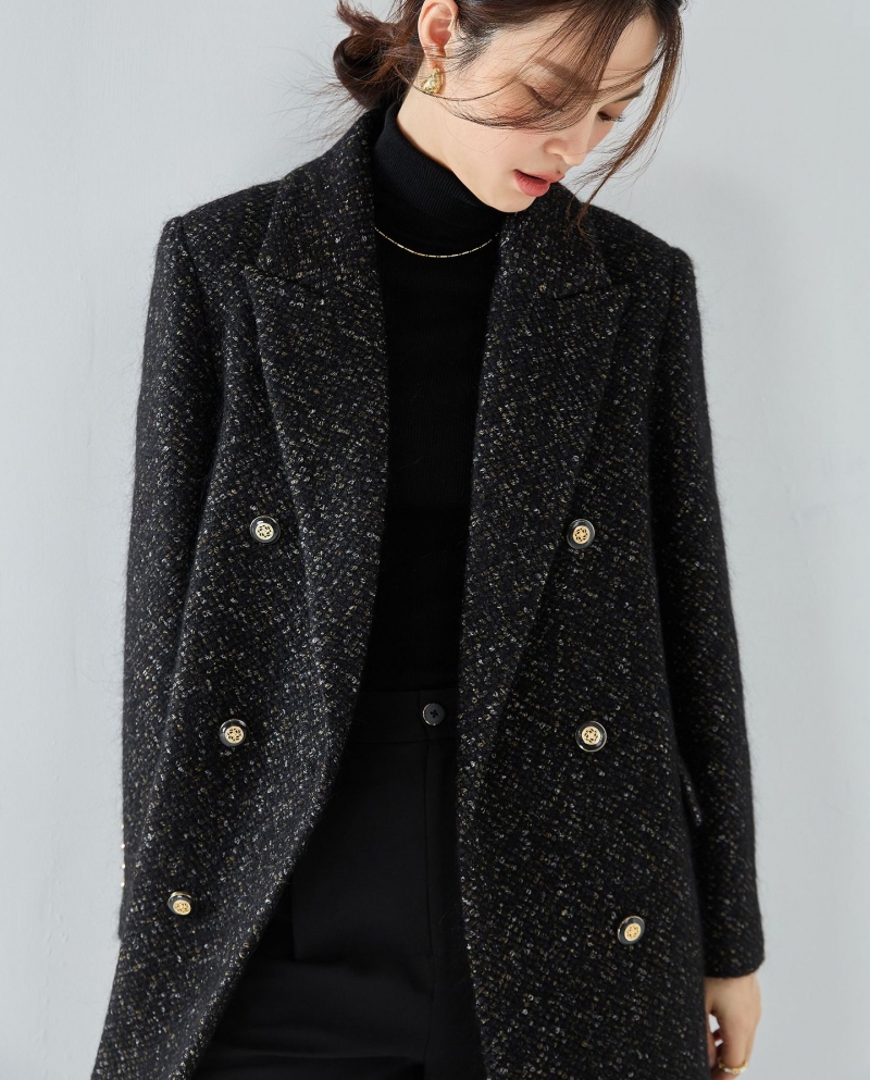 23 inverno novo estilo luz luxo high-end lã tweed preto ouro pequena fragrância estilo casaco feminino comprimento médio 15430