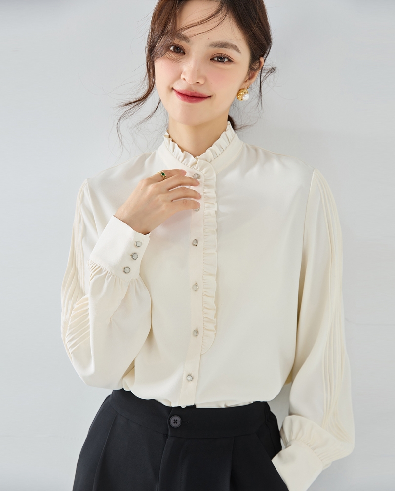 23 New Autumn Style Elegant French Chiffon Shirt, High-end Commuting Temperament, Ear-shaped Collar White Top 15407