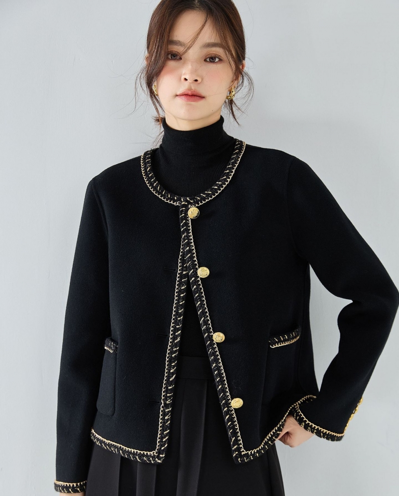 23 Winter New Heavy Industry Woven Chain Small Fragrant Style Wool Double-sided Black Gold Jacket Round Neck Short Coat 
