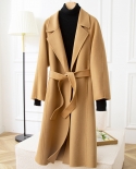 Autumn And Winter New Double-sided Woolen Coat Women's Mid-length  Style Suit Collar Lace-up Bathrobe Woolen Coat