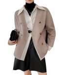 Novo outono e inverno casaco de cabelo de camelo dupla face para mulher, estilo trespassado cor sólida fino-encaixe pequeno frag