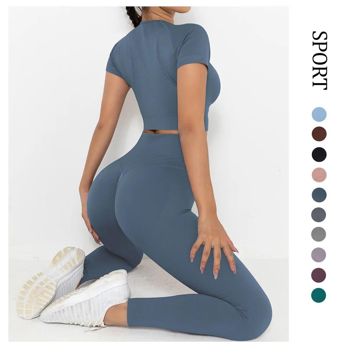 Seamless Yoga Sets Sports Fitness High Waist Hip Lifting Pants Short Sleeved Suits Workout Clothes Gym Leggings Sets For