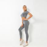 Seamless Yoga Sets Sports Fitness High Waist Hiplifting Trousers Shortsleeved Suits Workout Clothes Gym Leggings Set For
