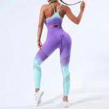 Seamless Gradient Yoga Sets Sports Fitness High Waist Hip Raise Pants Strap Bra Suits Workout Clothes Gym Leggings Set F