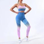 Seamless Gradient Yoga Sets Sports Fitness High Waist Hip Raise Pants Strap Bra Suits Workout Clothes Gym Leggings Set F