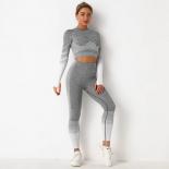 Seamless Striped Yoga Set Sports Fitness High Waist Hip Raise Pants Long Sleeved Suit Workout Clothes Gym Leggings Set F