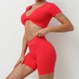 Seamless Yoga Sets Sports Fitness Hip Lifting Shorts Cross V Neck Short Sleeved Suit Workout Clothes Gym Leggings Set Fo