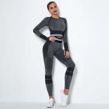 Seamless Knitted Yoga Set Sports Fitness High Waist Hip Raise Pants Long Sleeve Suits Workout Clothes Gym Leggings Set F