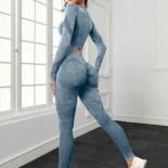 Seamless Washed Yoga Sets Sports Fitness Peach Hip Lifting High Waist Pants Long Sleeved Suit Workout Gym Leggings Set F