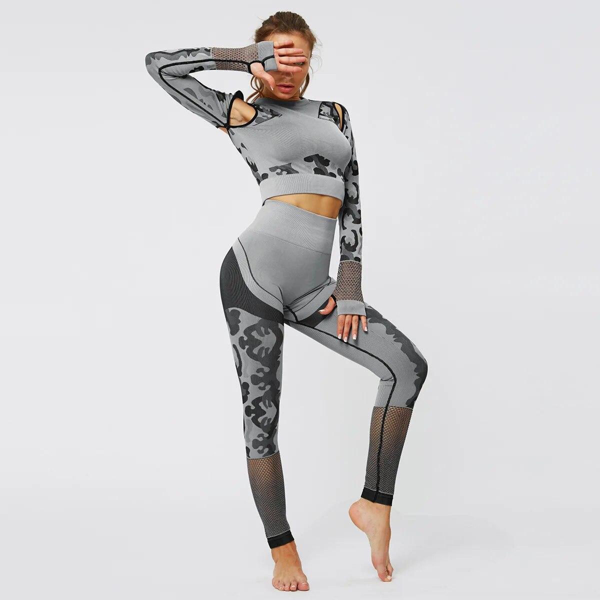 Seamless Camouflage Yoga Set Sports Fitness High Waist Hiplifting Trousers Long Sleeve Suits Workout Gym Leggings Set Fo