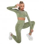 Seamless Washed Yoga Set Sports Fitness Workout High Waist Peach Hip Lifting Pants Long Sleeved Suits Gym Leggings Set F