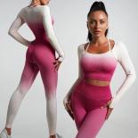 Seamless Gradient Yoga Sets Sports Fitness High Waist Hip Lifting Pants Long Sleeved Suits Workout Gym Leggings Sets For