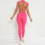 Seamless Yoga Sets Sports Fitness High Wait Hip Lifting Pants Backless Nude Feel Suit Workout Clothes Gym Leggjngs Set F