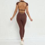Seamless Yoga Sets Sports Fitness High Wait Hip Lifting Pants Backless Nude Feel Suit Workout Clothes Gym Leggjngs Set F