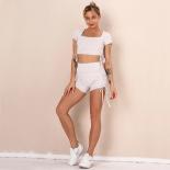 Seamless Yoga Set Sports Fitness High Waist Hiplifting Shorts Bow Shortsleeve Suits Workout Clothes Gym Leggings Set For