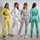 Seamless Yoga Sets Sports Fitnes High Waist Hip Raise Pants Long Sleeved Backless Suits Workout Clothes Gym Shorts Set F