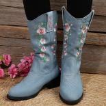 أحذية رعاة البقر الغربية الخياطة الأزهار الدنيم للنساء التطريز الزهور خمر العجل راعية البقر أحذية نسائية الأحذية النسائية