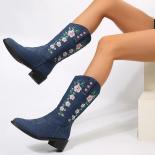 Botas de mezclilla con flores de costura de vaquero occidental para mujer, botas de mujer con bordado de flores Vintage, zapatos